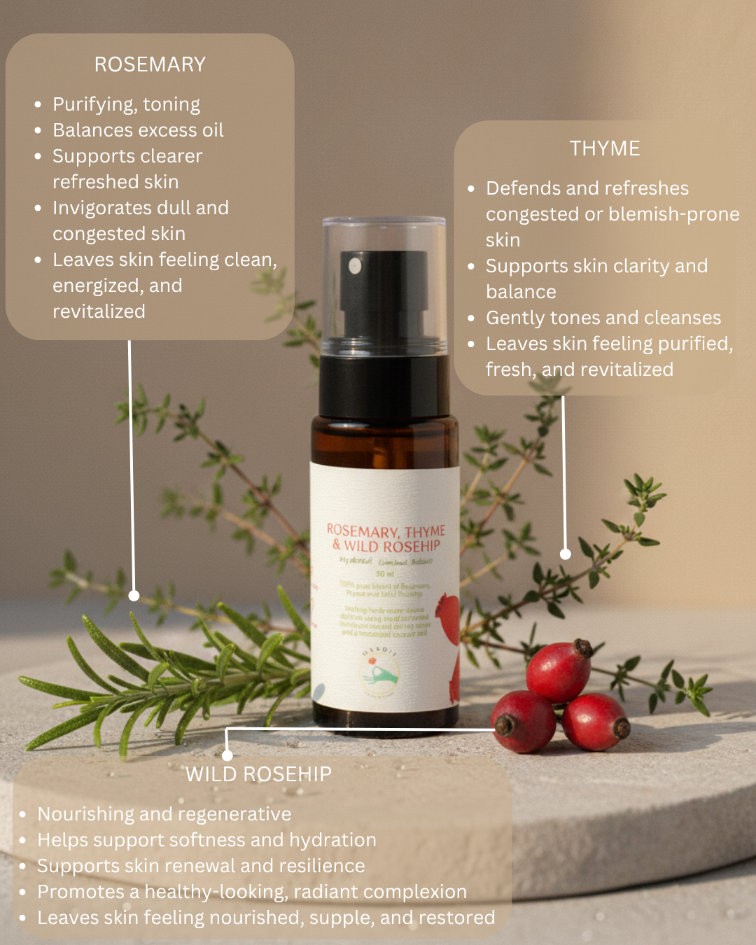 Rosemary, Thyme and Wild Rosehip Hydrosol - makoiiapothecary